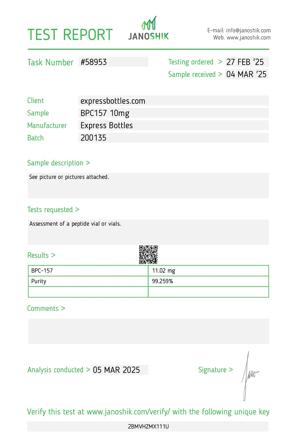 BPC157 10mg BATCH 99.259% pure laboratory purity test performed on March 5, 2025.