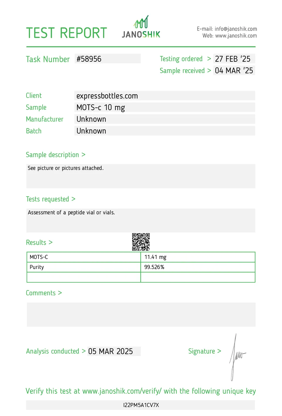 MOTS-c 10mg BATCH 99.443% pure laboratory purity test performed on March 5, 2025.