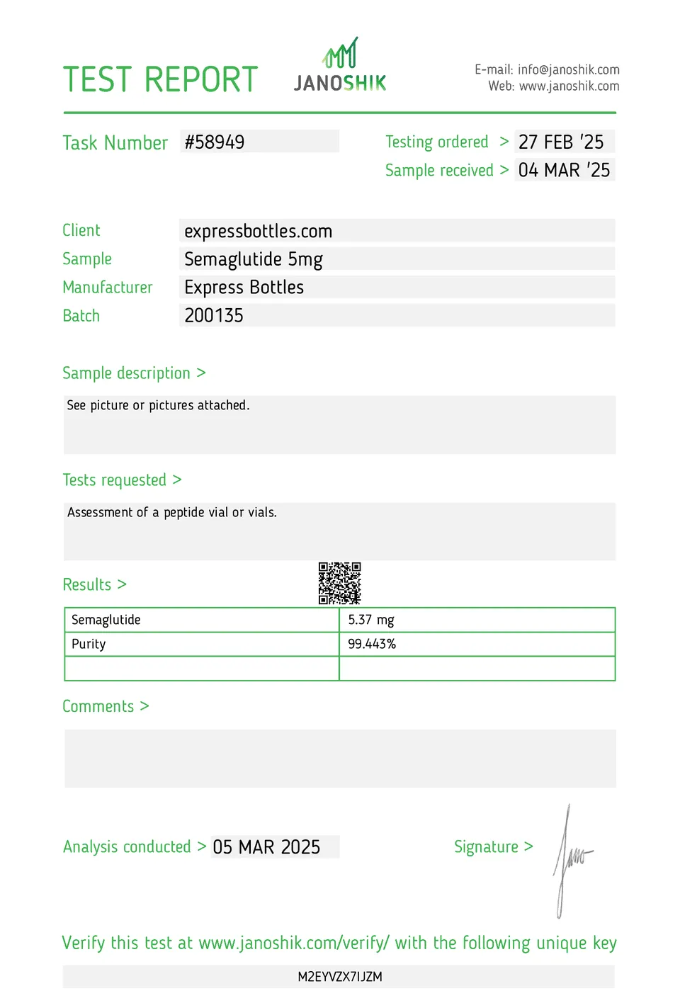 Semaglutide 5mg BATCH 99.443% pure laboratory purity test performed on March 5, 2025.