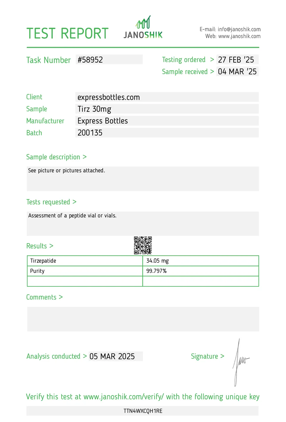 Tirzepatide 30mg BATCH 200135 99.797% pure laboratory purity test performed on March 5, 2025.
